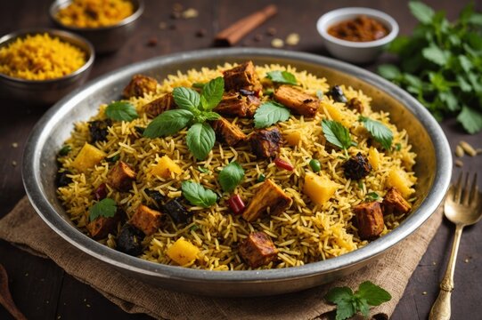 Veg Biryani photography This is an authentic Indian vegetarian recipe  full of your favorite rice, veggies, panner and spices. styled with  mint leaves, Cinnamomic Tamala, Star anise and some masala.