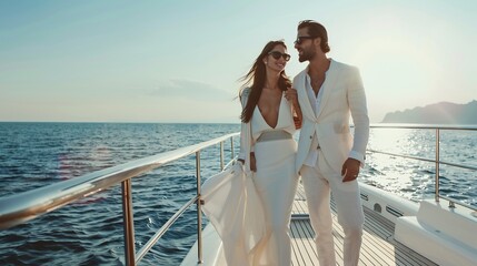 Handsome man and beautiful woman on romantic date on cruise ship deck. Luxury travel concept.