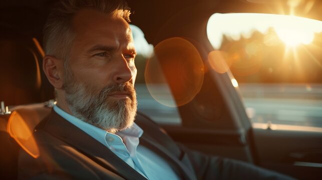 Portrait of elegant middle-aged man in luxury car