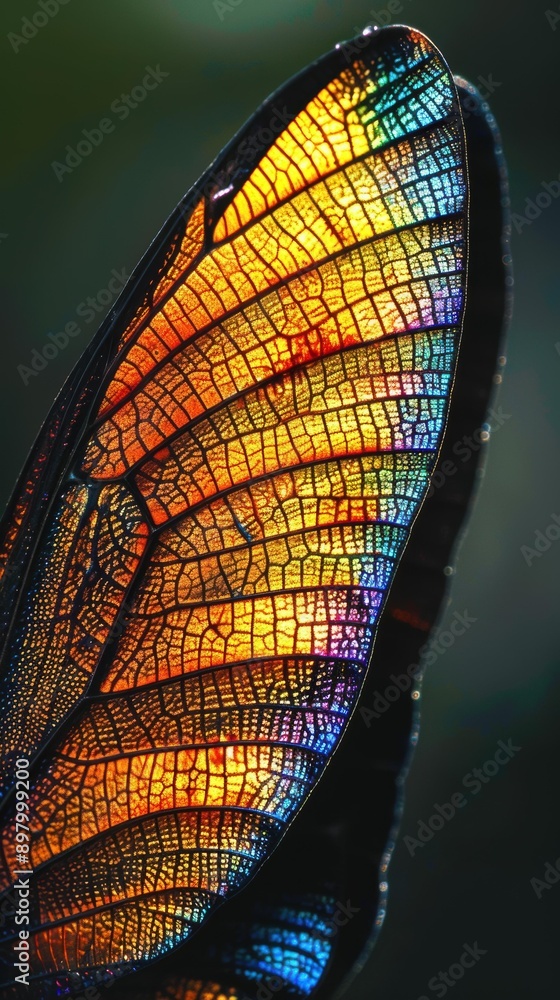 Poster a close-up view of a dragonfly wing, showcasing intricate patterns and iridescent colors. ai.