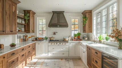 Country house kitchen with light wood cabinetry and white countertops