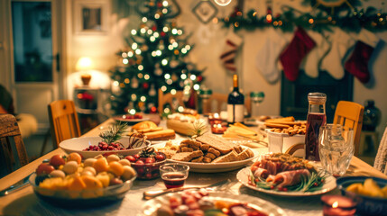 A table laden with Christmas dinner delights, from appetizers to desserts, awaits a solitary diner. A sparkling Christmas tree fills the background