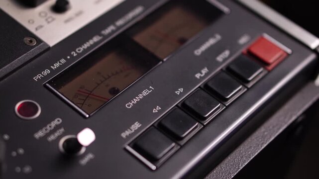 Audio Recording Stereo Levels, VU Meter of Professional Magnetophone, Reel to Reel Tape Recorder