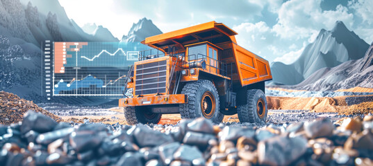 A dump truck navigates a rocky terrain, its progress visualized with futuristic data overlays showcasing graphs and numerical insights