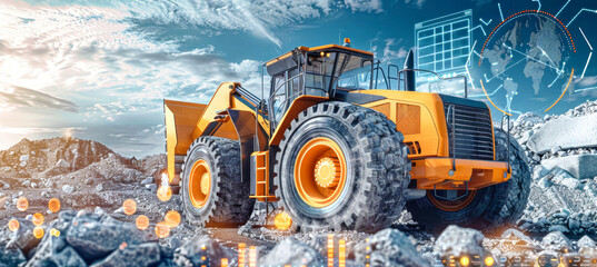 A powerful wheel loader moves through a rugged landscape, working on a massive construction project