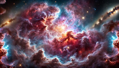 Obraz premium A photorealistic nebula with vibrant colors, swirling gas clouds, and shining stars in deep space.