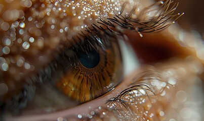 A close-up of an eye with water droplets. AI.
