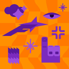 A set of elements in geometric style. Poster in a orange purple palette. Dynamic groove design. Abstract icons. Images of eyes, hands, letters, stars, etc.