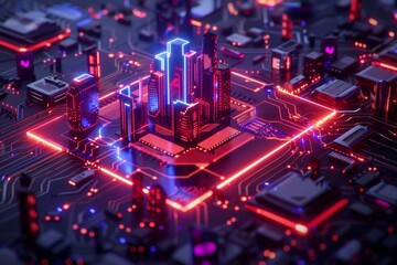 Fototapeta premium A futuristic cityscape intricately built on a microchip, featuring glowing neon pathways.