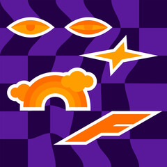 A set of abstract elements in a orange purple palette. Element collection in groove style. Geometric sticker set. Modern decorative stickers in outline style.