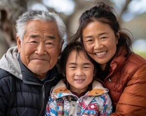 A family portrait of three generations. AI.