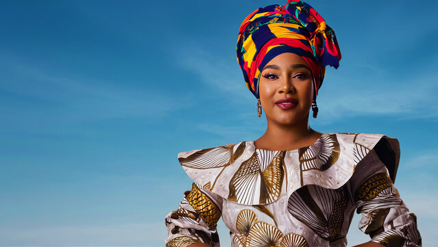 African American woman with multicolor headwrap with white and golden dress, sky background