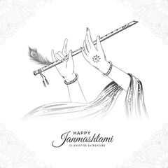 Beautiful happy janmashtami with lord krishna hand playing bansuri sketch festival design