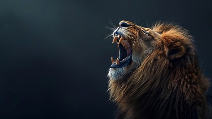 The majestic lion roars with his mouth wide open,