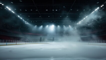 High-Resolution Ice Hockey Rink with Dark Background, Smoke, Fog, and Stadium Lights, Captured in Wide Angle for High Detail and Quality