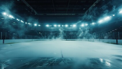 High-Resolution Ice Hockey Rink with Dark Background, Smoke, Fog, and Stadium Lights, Captured in Wide Angle for High Detail and Quality