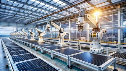 Modern robotic arms and machinery assemble photovoltaic cells on a sleek production line in a high-tech factory, surrounded by rows of shelves and advanced equipment.