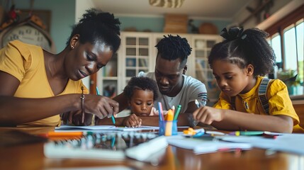 Parents helping their children with homework at the dining table