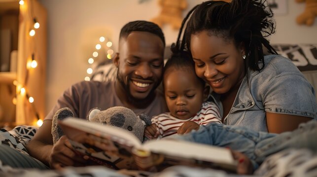 Parents reading a bedtime story to their young children in a cozy bedroom