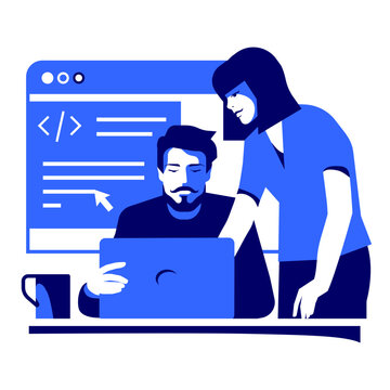 Woman helping her coworker with code