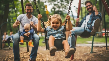 Parents pushing their kids on swings at a playground