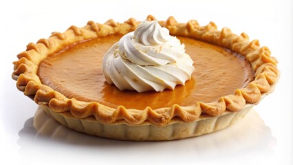 Warmly lit, golden-brown pumpkin pie with whipped cream and crust details, isolated on a pure white transparent background, evoking autumnal and festive feelings.