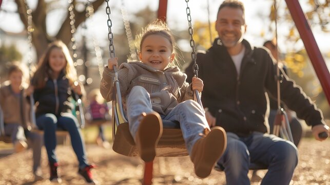 Parents pushing their kids on swings at a playground