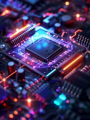 Obraz premium An abstract art piece depicting a microchip with vibrant colors and geometric shapes, capturing the essence of digital creativity.