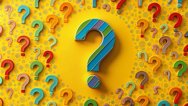 Colorful question mark pattern on a bright yellow background with overlapping symbols creating a sense of curiosity and inquiry.