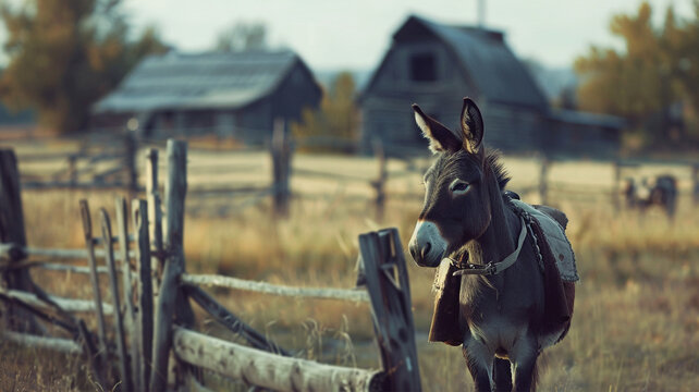 A rustic scene with a donkey wearing a vest, playing a harmonica while standing near an old wooden fence, with a barn and fields in the background