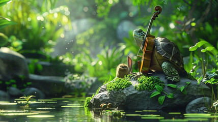 A wise old turtle sitting on a rock, playing a small cello with a peaceful expression, surrounded by a tranquil pond and lush greenery, with other animals quietly listening