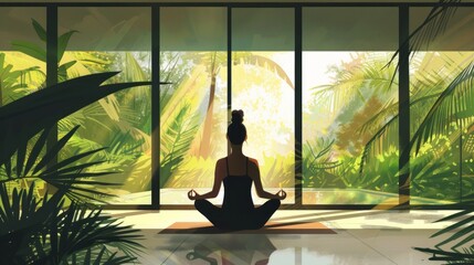 Illustrate a woman meditating in a peaceful, minimalistic room with large windows letting in natural light. The background should be clean and uncluttered, with a view of a serene garden outside. 