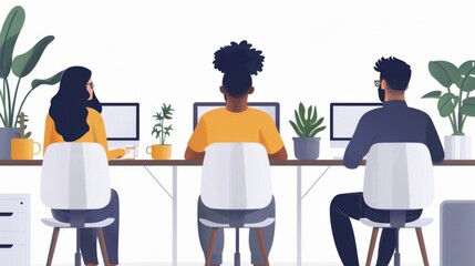 Three People Working at Desk with Computers