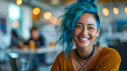 Cheerful LGBTQ+ Female Employee with Blue Hair in Wheelchair at Diverse and Accessible Workplace Celebrating Pride Month