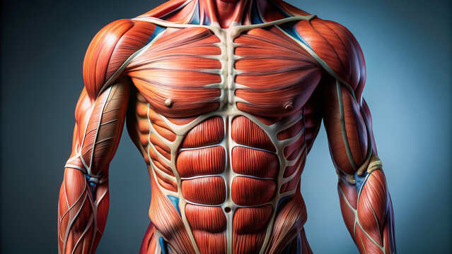 Close-up of a muscular anatomy model showing the rectus abdominis muscle, a long and flat muscle extending from ribs to pubic bone in human torso.