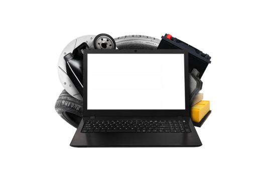 Car spare parts concept, laptop with blank white screen and car spare parts behind laptop