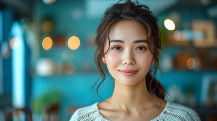 Elegant Young Asian Woman Pointing with Confidence Against Light Blue Background, Ideal for Beauty, Fashion, and Confidence Themed Projects