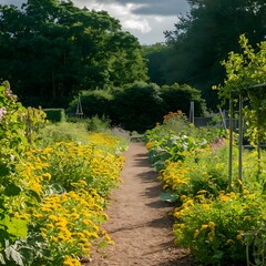 Naklejka premium Envision a well-tended garden in the peak of summer. What flowers and vegetables are thriving, and how does the abundance of lifeand color influence the overall atmosphere