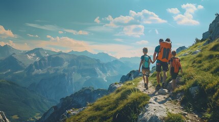 Fototapeta premium Family Hiking Through Mountain Landscape