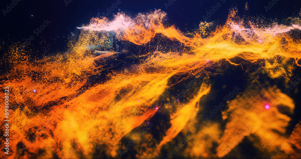 Poster abstract moving futuristic landscape of particles and dots of energy magic with glow and blur effect