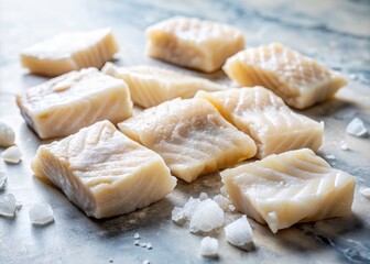 Freshly cut salted cod pieces arranged artfully on a sleek marble surface, showcasing delicate flakes and subtle texture, evoking a sense of gourmet cuisine.