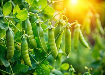 Vibrant young organic green pea pods bursting with freshness grow on lush bushes basking in warm sunny light in a thriving summer garden setting.