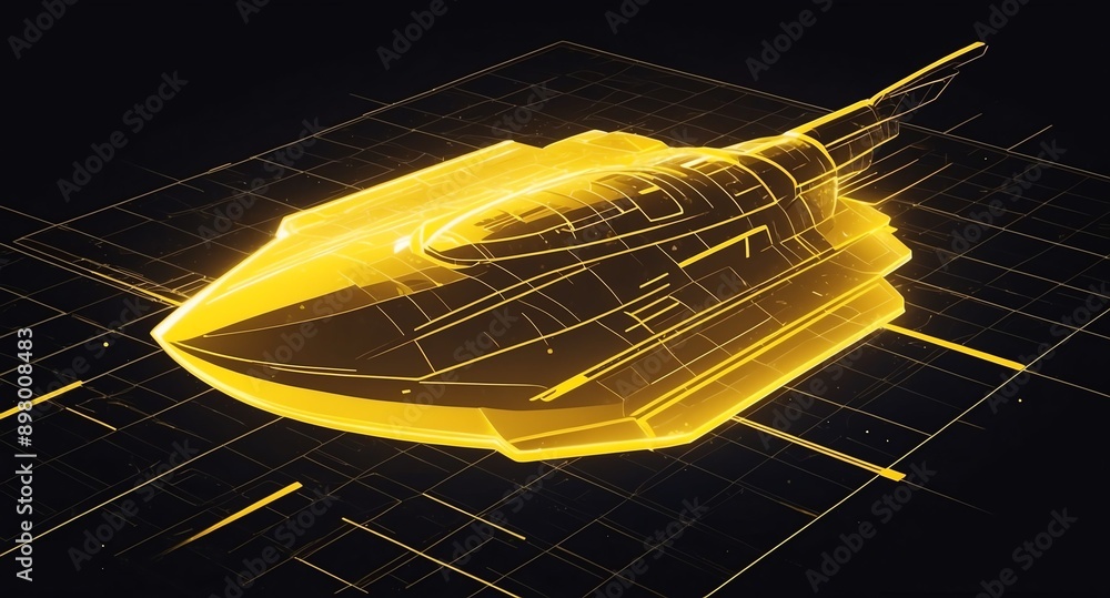Poster yellow hologram space ship projection grid technology abstract background with copy space