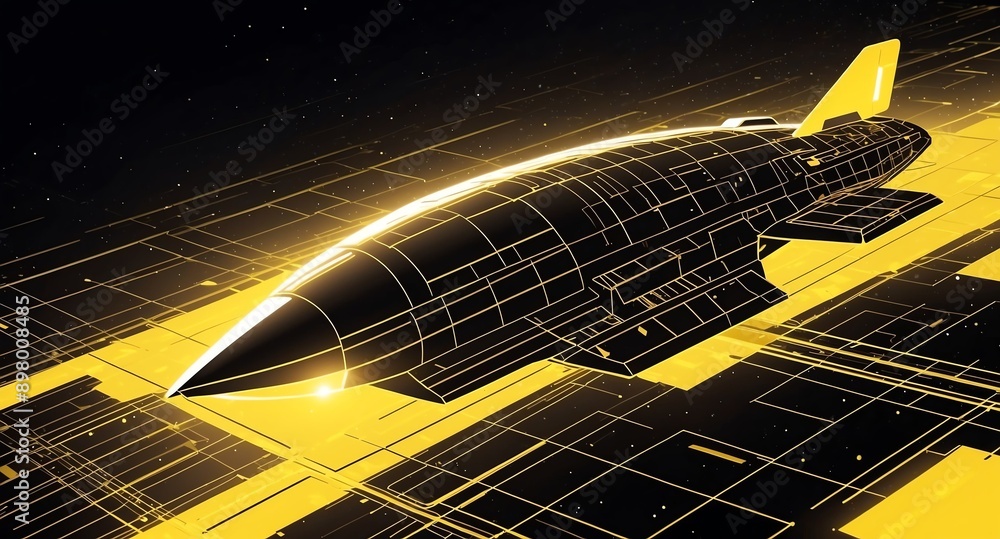 Poster yellow hologram space ship projection grid technology abstract background with copy space