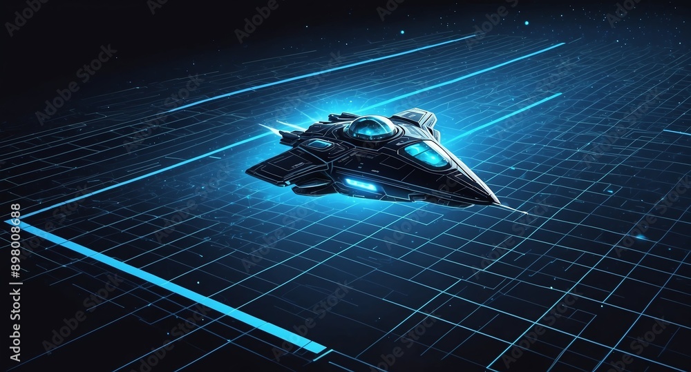 Poster blue hologram space ship projection grid technology abstract background with copy space