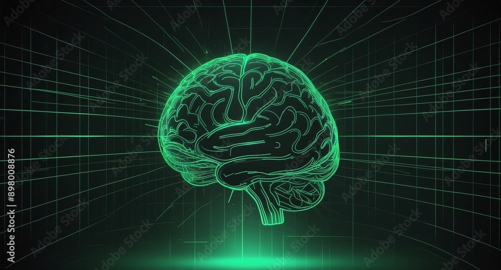 Poster green hologram brain projection grid technology abstract background with copy space