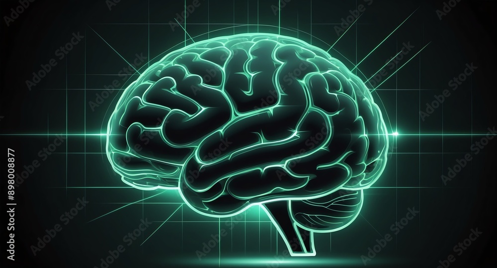 Poster green hologram brain projection grid technology abstract background with copy space