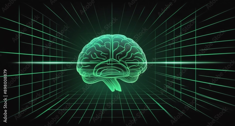 Aufkleber green hologram brain projection grid technology abstract background with copy space
