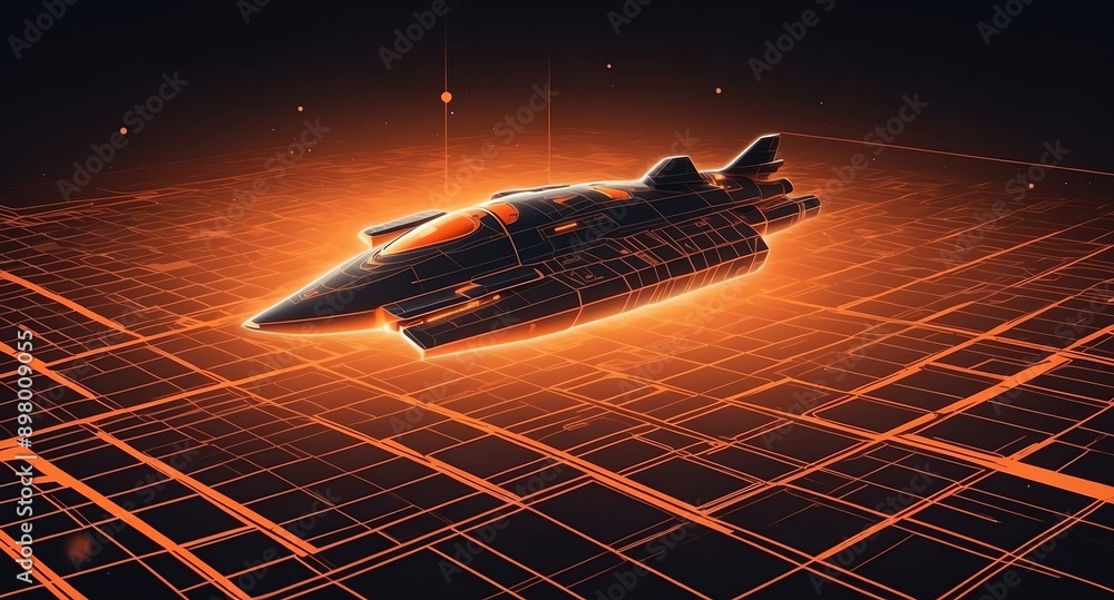 Poster orange hologram space ship projection grid technology abstract background with copy space