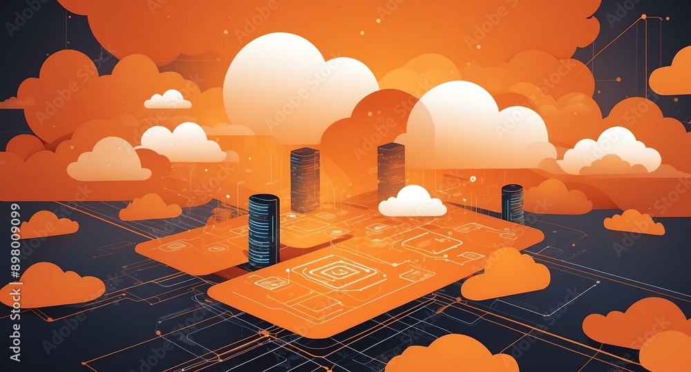 Poster orange theme cloud computing infrastructure concept te technology abstract background with copy spac
